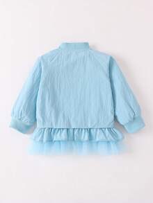 女童可爱夹克，春秋长袖时尚复古连帽衫，儿童轻便网眼拼接风衣 - 藍色 - 查看 2