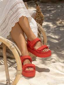 Raffia Platform Sandals For Women Espadrilles Open Toe Ankle Strap Shoes Summer Outdoor Beach Dress - Red - View 8
