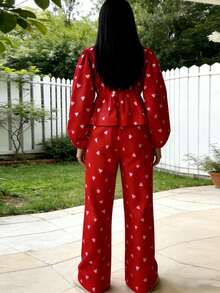 Women Spring Heart Outfit Long Sleeve V Neck Ruffled Tops And Straight Pants 2 Piece Casual Set - Red - View 2