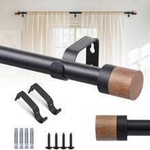 1 Set - Wooden Curtain Rod, Adjustable Length From 34 Inches To 146 Inches. 1-Inch Adjustable Faux Wood Decorative Curtain Rod, Suitable For Heavy Duty Decorative Curtains In Bedroom, Kitchen And Patio - 2.5mm Diameter Wood Grain Version - View 2