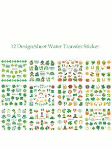 12片绿色四叶草图案美甲贴纸，幸运四叶草卡通马蹄铁心形美甲贴花，圣帕特里克节水转印美甲装饰，春夏可爱美甲沙龙用品 - 彩色 - 查看 3