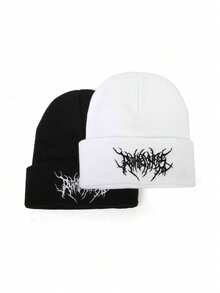 1/2pcs Casual Men Embroidered Scarf Knitted Beanie, Women's Fashion Street Ski Hat, Warm And Versatile Cold Weather Cap, Loose Fit - Multicolor - View 4