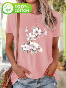 LIDANR 1PC Plus Size, Plus Size Women&Apos;S Casual Short Sleeve T-Shirt - Elegant Watercolor Magnolia Floral Print, Round Neck Top, Machine Washable & Breathable For Casual Attire, Allseason Apparel, Semitransparent Material Valentine's Day Shirts - 玫紅色 - 查看 1