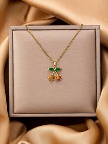 1 Pc 18K Gold Stainless Steel Cherry Pendant Necklace For Women, Zirconia Crystal Strawberry Bow Charm Necklaces, Anti-Tarnish Water Proof Jewelry - Multicolor - View 6