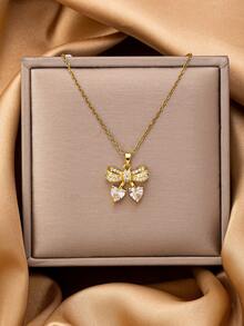 1 Pc 18K Gold Stainless Steel Cherry Pendant Necklace For Women, Zirconia Crystal Strawberry Bow Charm Necklaces, Anti-Tarnish Water Proof Jewelry - Multicolor - View 5