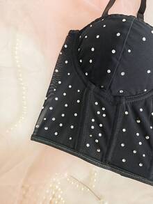 1pc Black Rhinestone Spaghetti Strap Tight Top - Mesh Panel Waist Cinching Bust Enhancing Sexy Chic For Dates & Parties - Black - View 3