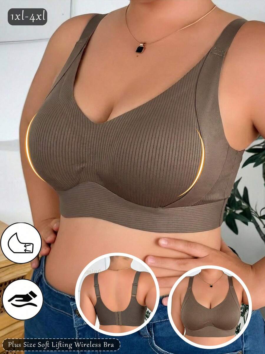 1件大码女士黑色无钢圈文胸 - 防滑罩杯，侧乳包裹，提胸，适合约会、派对、工作和日常穿着 - 卡其色 - 查看 1