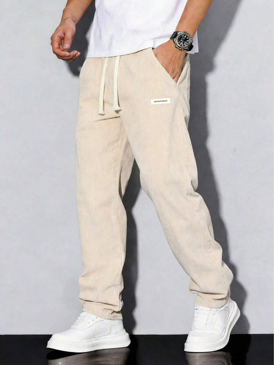 Men's Corduroy Casual Trousers For Spring And Autumn, Comfortable To Wear, With Drawstring And Pockets, Machine Washable. - Apricot - View 1