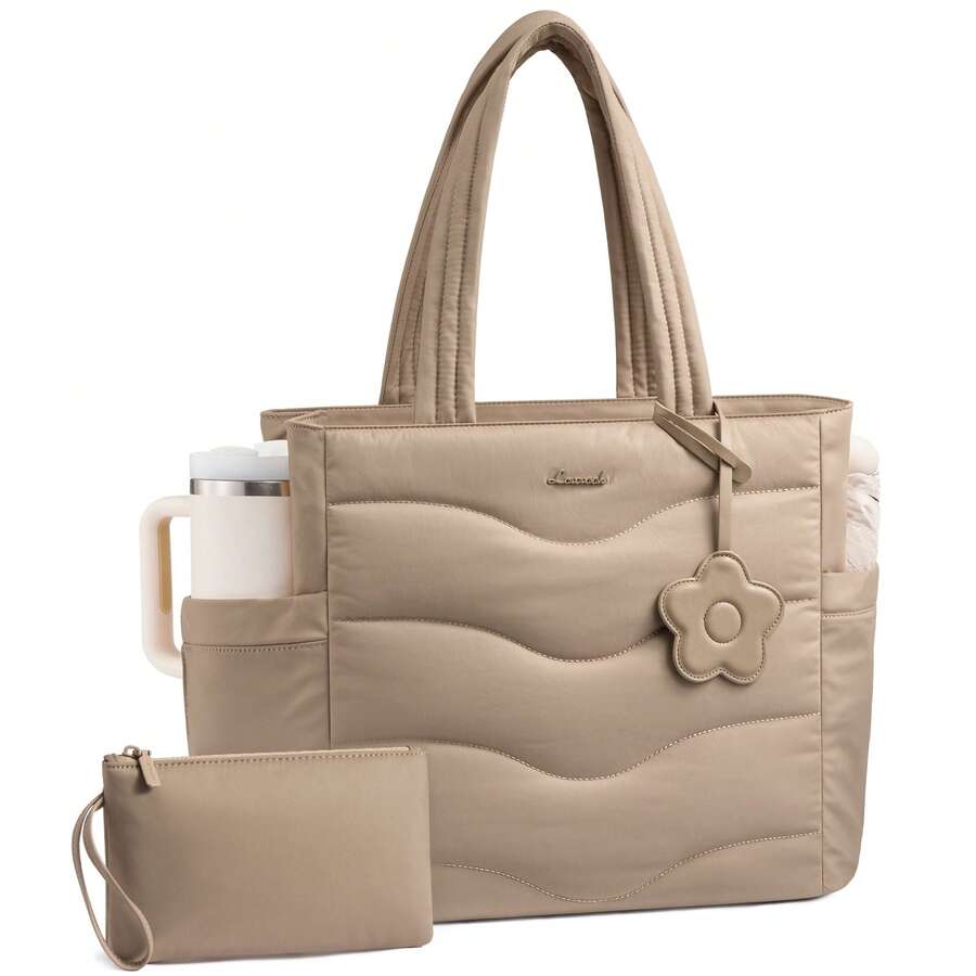 LOVEVOOK Tote Bag For Women,Puffer Work Bag,Quilted Teacher Nurse Tote Bag With Zipper For Travel Gifts For Women - 卡其色 - 查看 1
