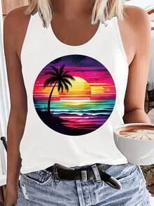 Women'S Tropical Beach Print Tank Top - Vibrant Sunset & Palm Tree Design, Casual Sleeveless Tank For Spring & Summer, Lightweight Polyester Fabric, Perfect For Casual Attire - White - View 13
