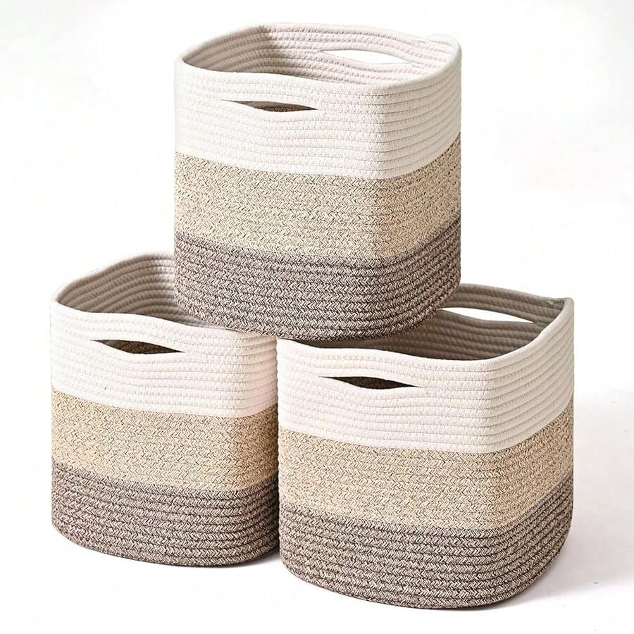 Cubos de almacenamiento de 11 pulgadas, cubos organizadores para estantería, cestas de almacenamiento para organizar, cestas de almacenamiento tejidas para estantes, cestas de cuerda de algodón para almacenamiento, marrón degradado (paquete de 3) - Marrón degradado - Ver 1