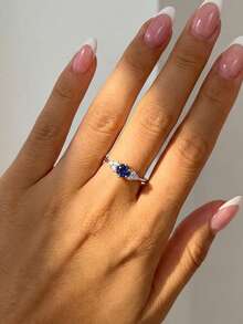 Stylever 1pc 925 Sterling Silver Luxury Fashion Minimalist Jewelry Set, Navy Blue Zirconia Ring, Suitable For Women's Daily Commute Decoration, Party Accessories, High-Quality Ladies Ring, Exquisite Jewelry Gift - Silver - View 2