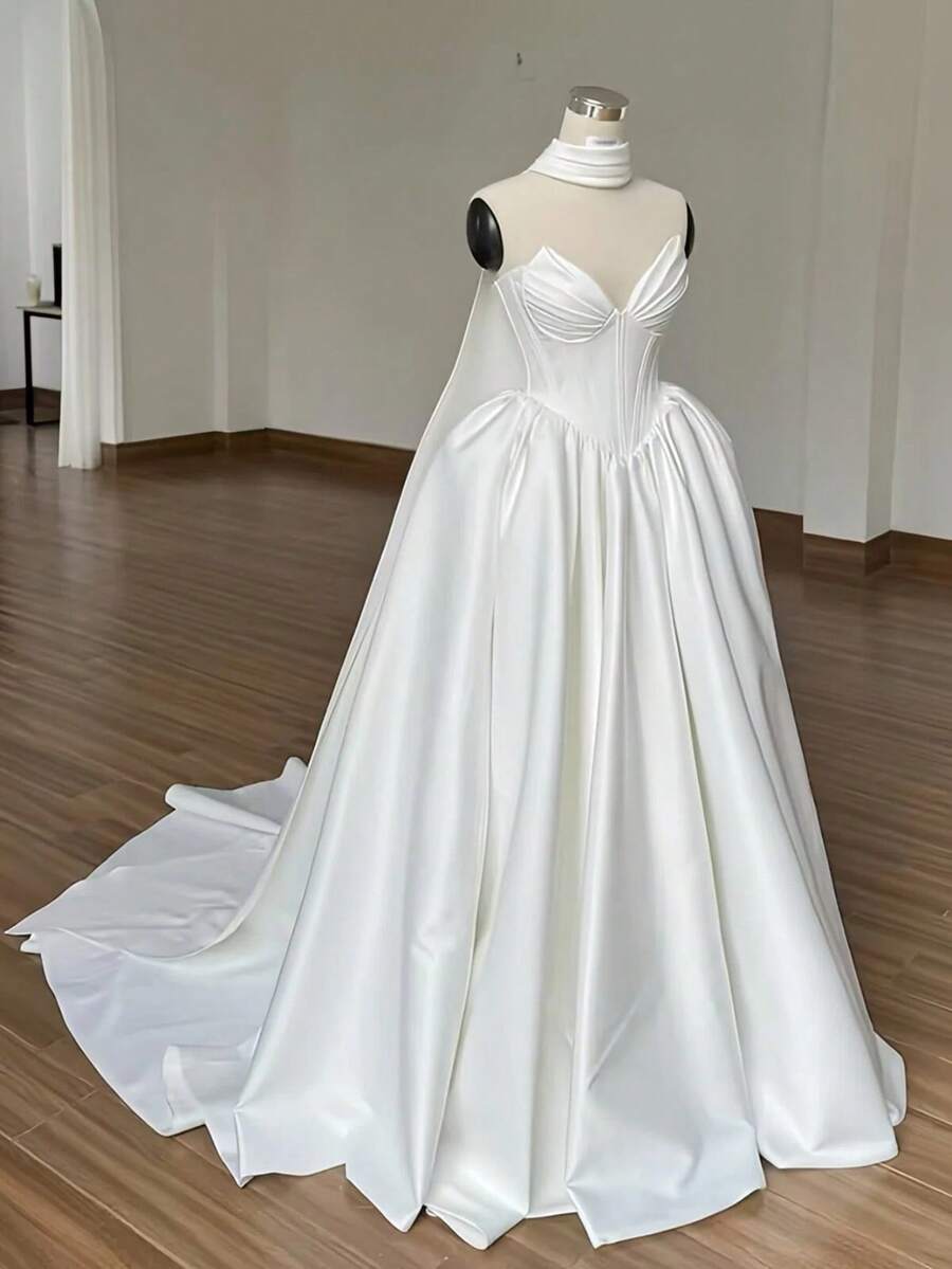 Elegant Vintage Strapless Corset Pleat A Line Satin Formal Wedding Dress,Registry Office Dresses Engagement Bridal Gown,Evening Party Dress Birthday Party Dress Country Wedding,Romantic Church Ceremony Wedding Dress,Suitable For Wedding,Dating,Party,Singles' Party,Vacation,Formal Occasions,Dinner Dress,Prom Dress,Homecoming Dess,Cocktail Party,Wedding Guest Dress,Graduation - 白色 - 查看 1
