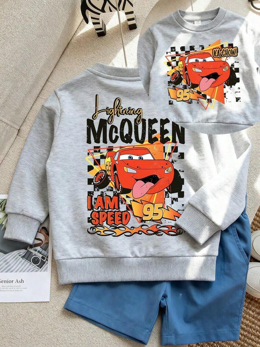 Disney Cars Lightning McQueen #95 Pattern Hoodie - Round Neck, Casual Summer Top, Suitable For Both Boys And Girls. Perfect For Holiday Parties, Gatherings, Outdoor Activities, And Everyday Casual Wear. - Grey - View 1
