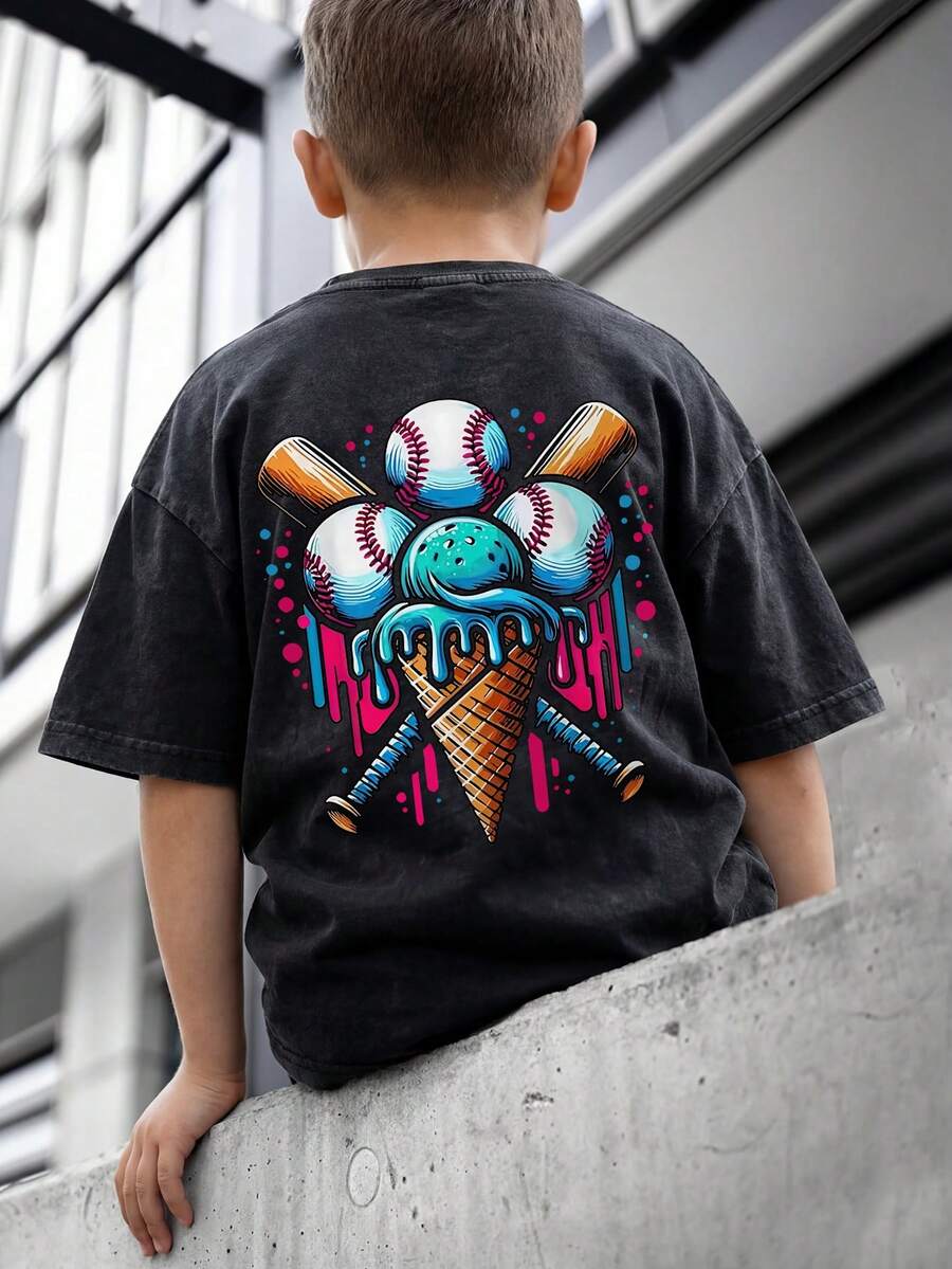 男童休闲棒球印花圆领短袖T恤，夏季学生青少年服装 - 黑色 - 查看 1