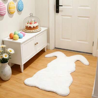 1pc Asymmetrical White Rabbit Design Decorative Carpet, Easter Rabbit, Easter Decor, Easter Gift, Suitable For Decorative Carpet, Bedroom Decor, Small Rug, Carpet, Home Decor, Living Room Carpet, Living Room Small Rug, Bedroom Carpet, Living Room Home Decor, Outdoor Carpet, Washable Carpet, Plush Carpet, Thick Carpet, Fluffy Carpet, Autumn/Winter Carpet