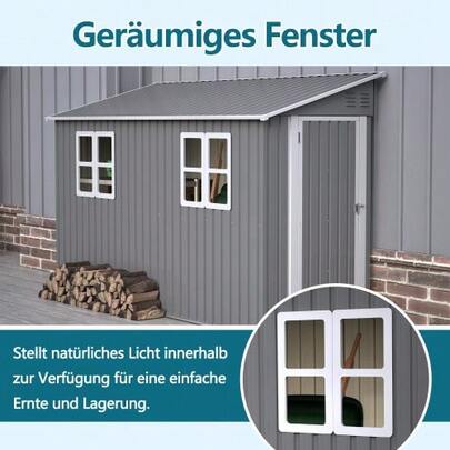 4x10 Fuß (Ca. 1.2x3 M) Outdoor-Schwerlast-Metallschuppen Mit Boden-Kit, Anlehn-Design Mit Links/Rechts-Tür & 2 Fenstern