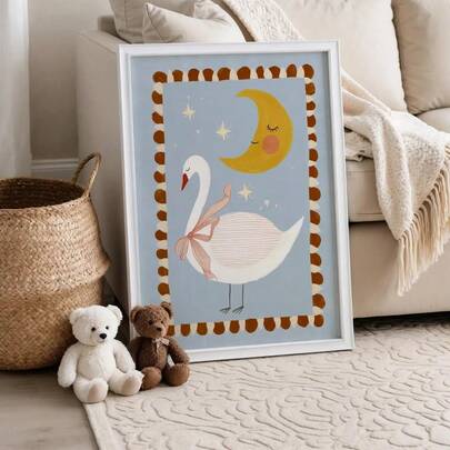 1pc Framed/Unframed Blue Swan Moon Nursery Canvas Poster Cute Whimsical Animal Folk Wall Art Print Minimalist Baby Kids Room Aesthetic Decor Boho Painting For Playroom,Children Room,Bedroom,Modern Home Decoration