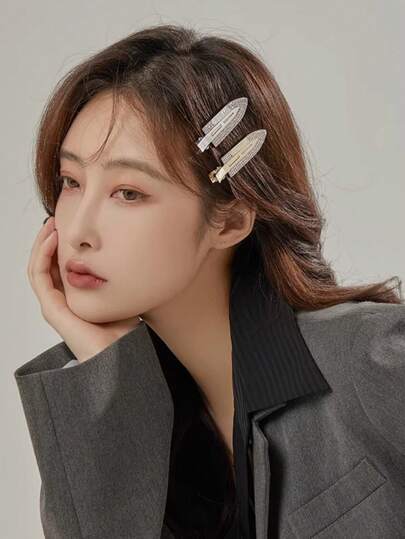 2pcs Women's Metal Rhinestone Invisible Hair Clips, Bangs Clips, Surfboard Side Clip Hairpins, Suitable For Daily Use