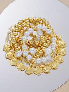 Bộ 7 vòng tay đính hạt hình sao biển, vỏ sò và ngọc trai phong cách Bohemian cổ điển, thanh lịch, phù hợp cho nữ giới đeo hàng ngày, dự tiệc, du lịch, đám cưới, hẹn hò, có thể đeo nhiều lớp, làm quà tặng ngày lễ. - Kiểu 4 - Xem 3