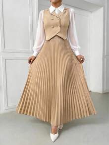 Elegant Commuter Double-Breasted Vest & Pleated Skirt Set - Khaki - View 2