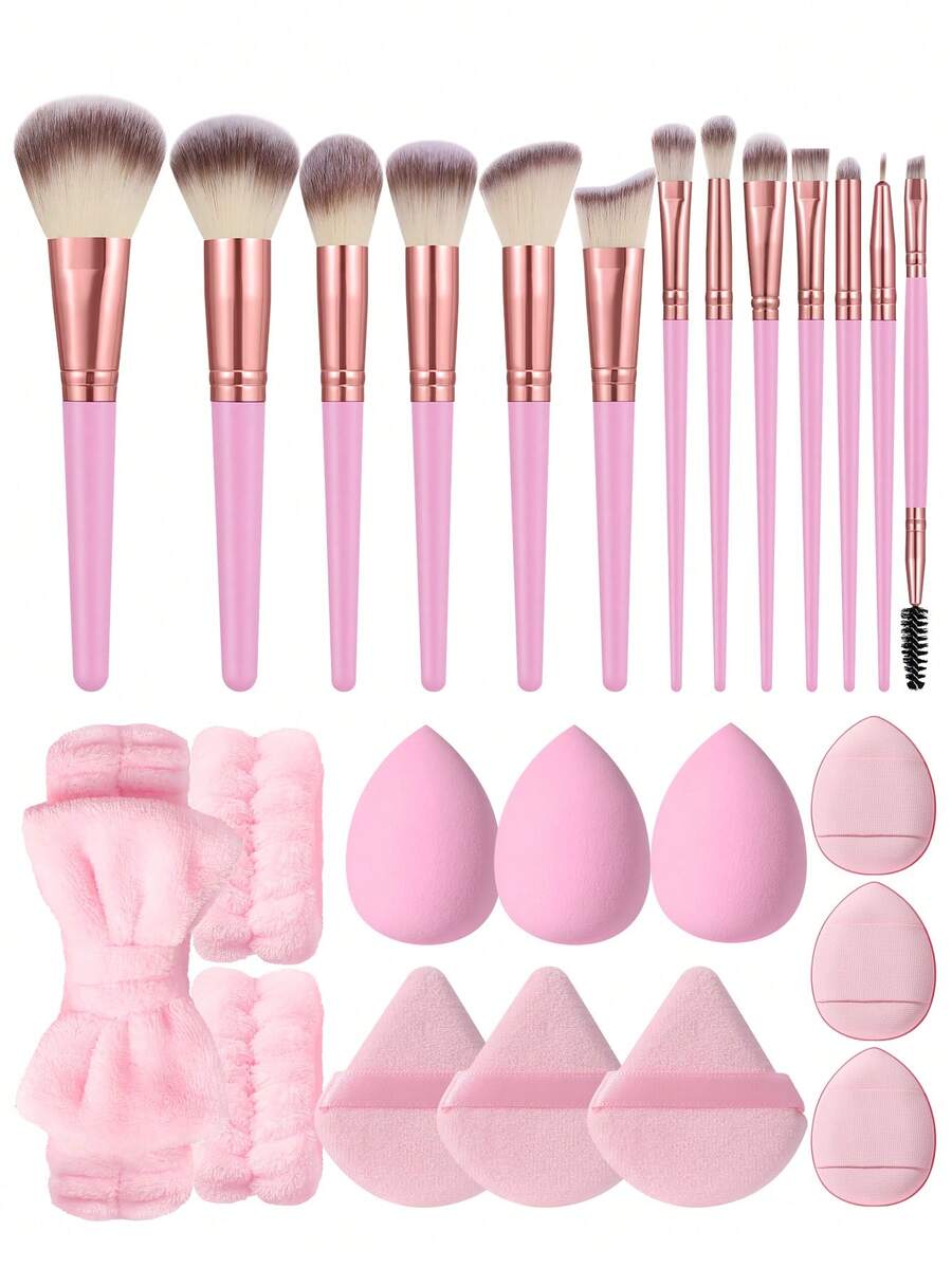 25PCS Makeup Tools Set Including:13PCS Makeup Brush Set+1pc Hairband+2PCS Hand Bowl Strap+3PCS Makeup Sponges+3PCS Triangle Powder Puffs+3PCS Mini Air Cushion Powder Puffs - Multicolor - View 1