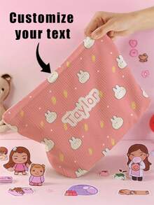 1pc Customized Name Cartoon Elephant & Rabbit Pattern Corduroy Toiletry Storage Bag, Perfect For Travel And Organizing Toiletries, Customizable Based On Your Unique Design, Ideal For Kids, Print Your Own Name Or Your Sister's And Classmate's Name As A Gift - Multicolor - View 8