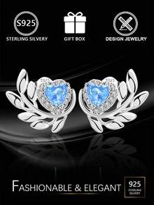 Boucles d'oreilles à tige en feuille de diamant bleu en argent sterling S925, boucles d'oreilles créoles florales en zircone cubique, style élégant et polyvalent pour le travail, cadeau pour petite amie/anniversaire, boîte cadeau - Argent - Voir 1
