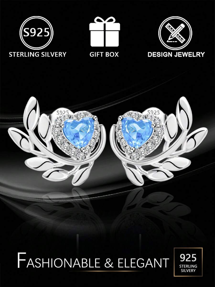 Boucles d'oreilles à tige en feuille de diamant bleu en argent sterling S925, boucles d'oreilles créoles florales en zircone cubique, style élégant et polyvalent pour le travail, cadeau pour petite amie/anniversaire, boîte cadeau - Argent - Voir 1