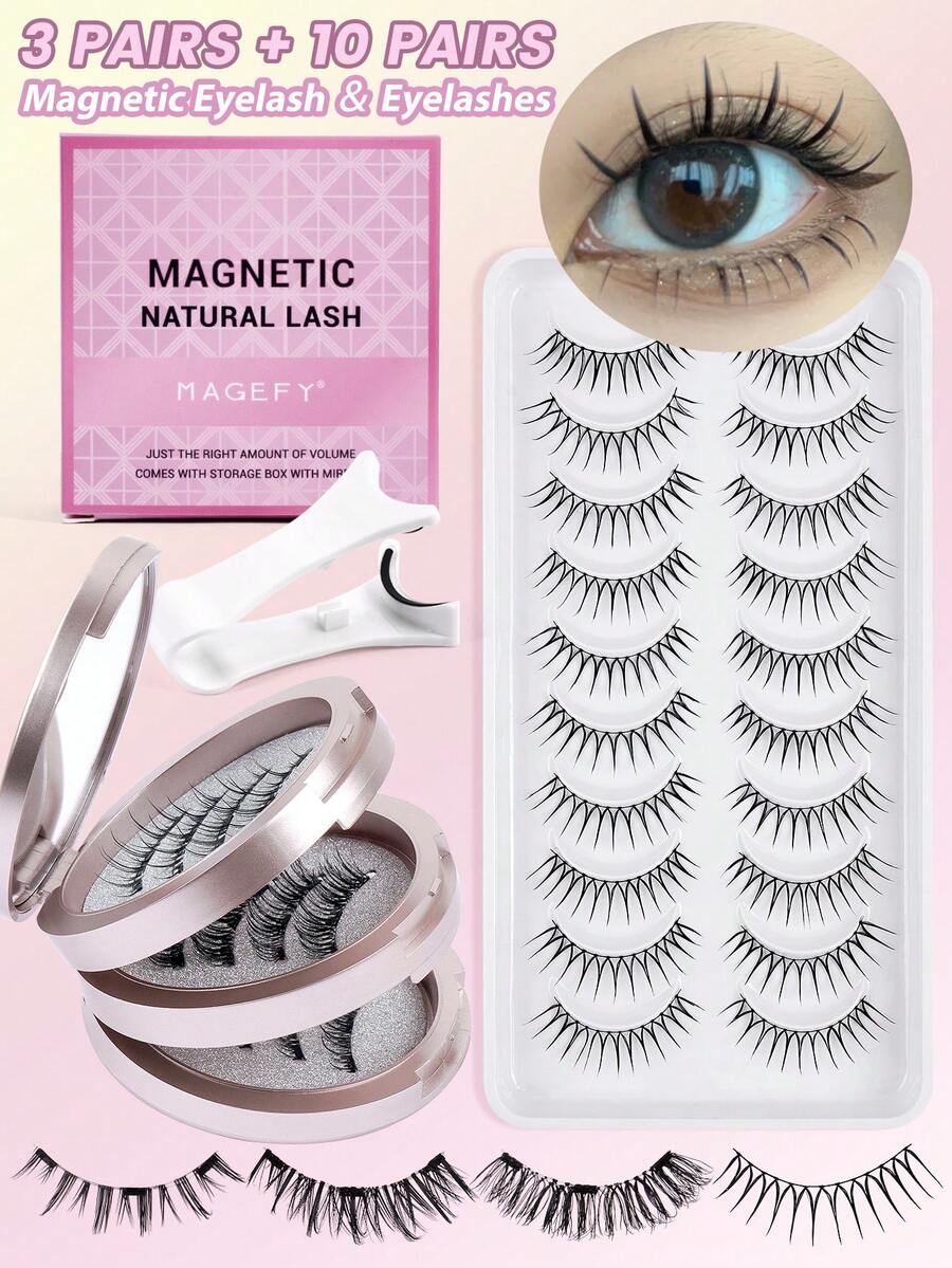 MAGEFY 二合一CC卷翘磁性假睫毛套装，包含3对带磁性夹子的假睫毛和10片半眼假睫毛，款式多样，无需胶水，可重复使用，自然逼真的仿貂毛假睫毛，适合日常佩戴，防水，卡通风格，外眼角加长设计，放大双眼，纤长纤细，是旅行、海滩度假、露营的理想之选，也是送给女性的绝佳礼物，粉色套装