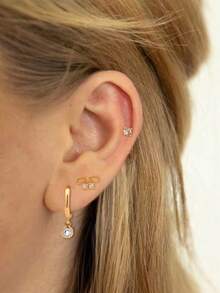 Nooxian 3件套斋月多层耳骨穿孔耳环套装，简约日常金色蝴蝶结铜锆石耳钉套装，日常叠戴饰品礼品（不含礼盒） - 金黃色 - 查看 1