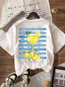 Limoncello Lemon Fruit Stripe Graphic T-Shirt, Women Casual Round Neck Short Sleeve Simple T-Shirt, Summer Vacation, Beach - Multicolor - View 2