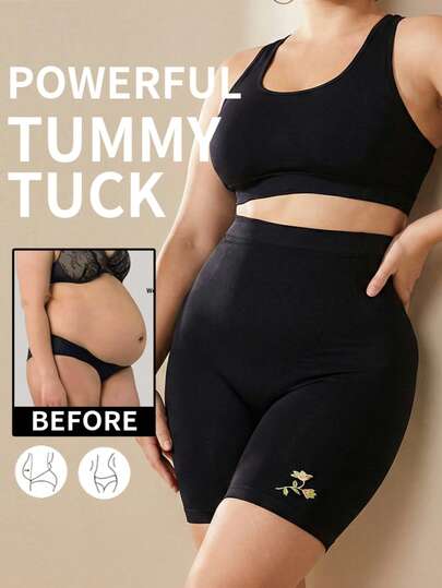 1 pieza Pantalones cortos moldeadores sin costuras de cintura alta y talla grande para mujer, con diseño de bordado floral, que da forma efectivamente a la cintura, el abdomen y los muslos, levanta el trasero y no es constrictivo, adecuado para yoga, ejercicio y uso diario