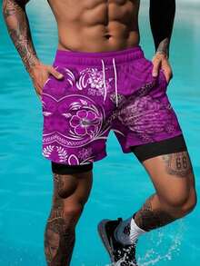 男士海洋生物印花抽绳腰双层沙滩短裤 - 彩色 - 查看 3