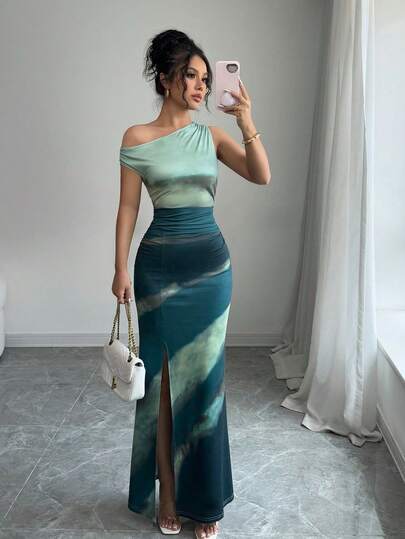 Vestidos Largos Dama Ajustado Sin Mangas Con Cuello Asimétrico Con Volantes Y Abertura