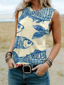 波西米亚海滩风女士热带鱼印花休闲圆领无袖上衣，适合春夏穿着 - 杏色 - 查看 5