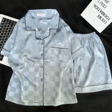 Ice Silk Short-Sleeved Pajamas Loungewear Summer Thin Plaid Pajamas Women's Sweet And Cute Silk Two-Piece Suit Summer LoungewearLeisure, Anti-Static, Breathable, For Sleeping, For Bathing, Elastic, Antibacterial, For Home Use, Warm, Comfortable, Moisture-Wicking And Breathable, Can Be Worn Outdoors - 藍色格子雙短 - 查看 8
