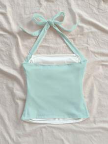 女士系带吊带背心，花卉印花百合结露背荷叶边沙滩度假休闲款 - 薄荷綠 - 查看 2