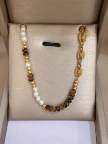 1件复古简约仿虎眼石项链，金色链条，不锈钢链，女士项链，适合圣诞节、日常佩戴、派对、母亲节等场合，可作珠宝礼物。 - 彩色 - 查看 6