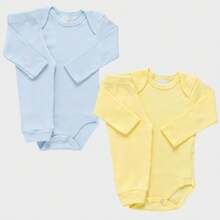4-Piece Baby Set: Long-Sleeved Bodysuit + Plain Pants, Toddler Ribbed Knit Set, Sizes Newborn, Small, Medium, Large. - XANH NHẠT/VÀNG - Xem 2