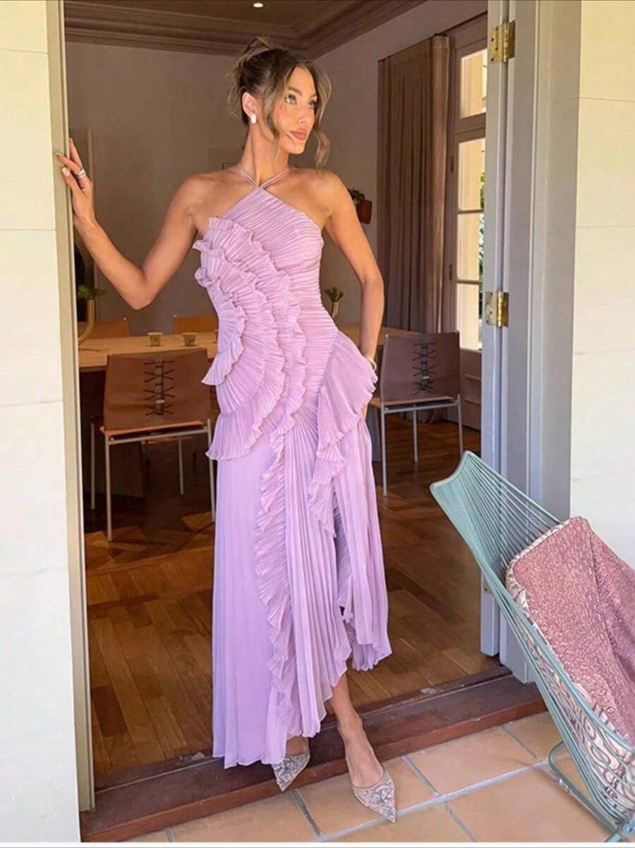New Style Women's Dress - Pure Color, Fashionable Ruffles, Collar-neck, Sexy Plunging Top, Backless Dress - Morado - Ver 1