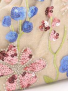 1pc Colorful PVC Sequin Flower Pattern Linen Base Mesh Embroidery Ruffle Cloud Clutch Bag, Shiny Sparkly Evening Bag For Casual, Holiday, Party Use (Flower Sequin Pattern Randomly Sent) - Multicolor - View 7