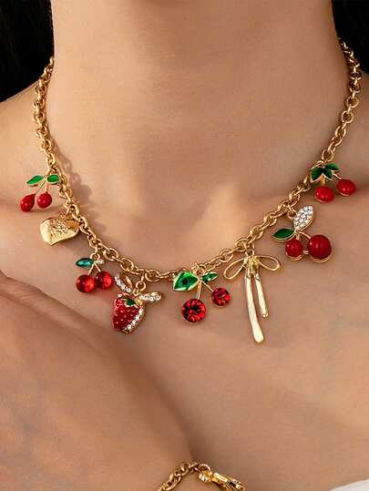 1 Pc Crystal Rhinestone Cherry Charm Necklace, Cute Bow & Heart Locket Pendant Necklaces For Women, Fashionable Jewelry Gift For Her