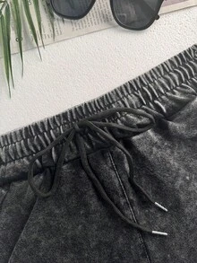 RELL 棉质夏季女装街头时尚复古通勤 Y2K 服装圆领短袖黑色水洗 T 恤短裤两件套优雅 - 黑色 - 查看 6