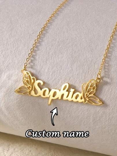 1pc Customized Butterfly Name Necklace, Stainless Steel Necklace, Personalized Fashion Necklace, Cute Custom Name Tag Pendant Necklace, Women's Jewelry, Women's Necklace, Customized Name Necklace, Couple Necklace, Valentine's Day Gift For Girlfriend, Suitable For Daily Wear And Gift Giving, Mother's Day, Ramadan, Birthday, Anniversary