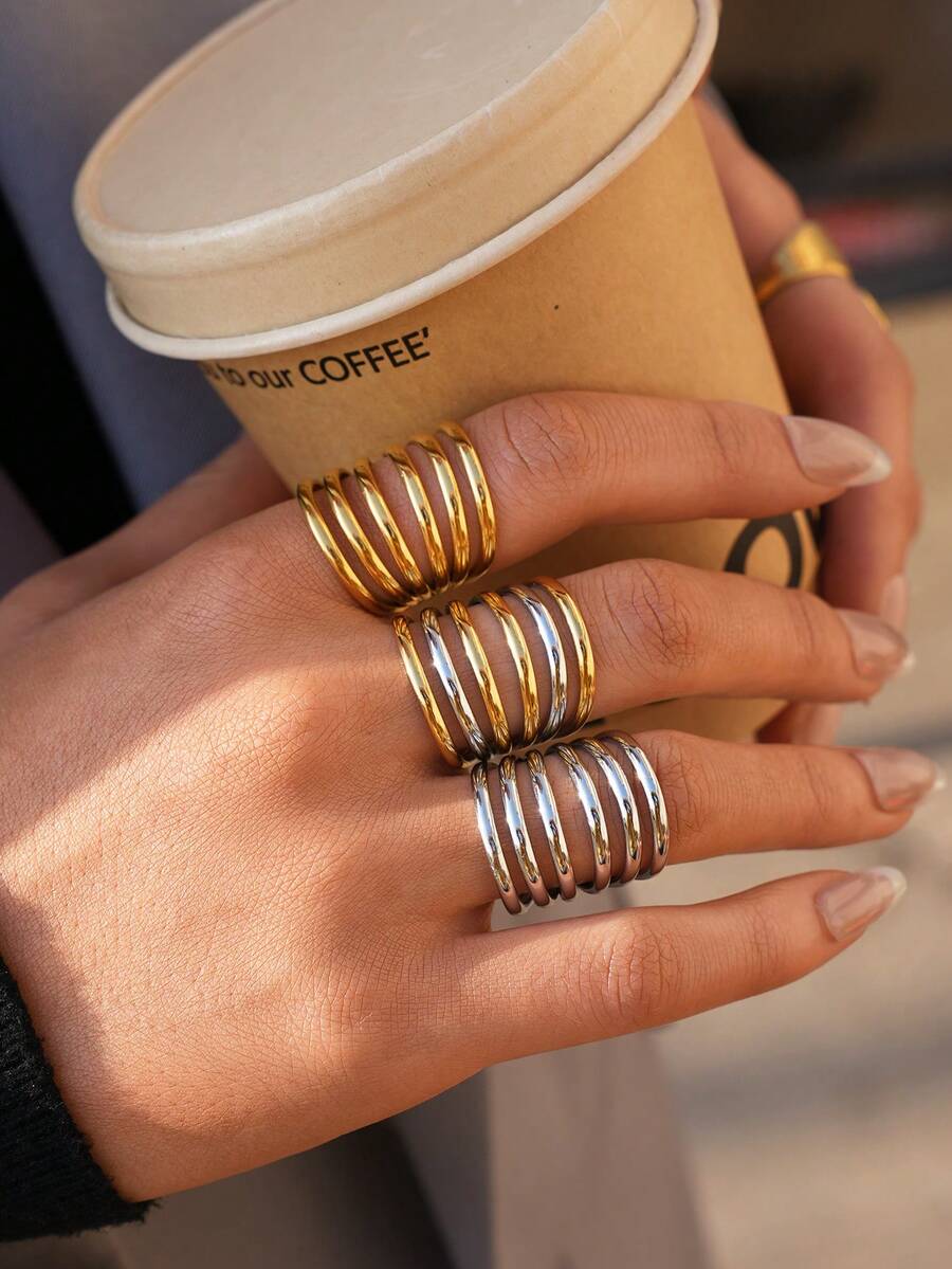 Frminee 3pcs/1pc Vintage Thick Creative Wide Band Gold Stainless Steel Rings, Retro Asymmetrical Woven Wrapped Rings, Birthday Rings, Anniversary Gift
