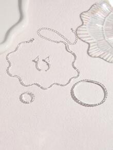 5pcs Set Rhinestone Embellished Necklace, Earrings, Bracelet And Ring, Versatile High-End Jewelry Set Suitable For Women's Daily Commute, Campus Dating, Wedding Party, Valentine's Day Holiday Gift - Silver - View 3