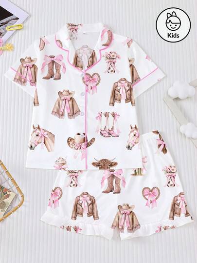 两件套少女睡衣套装，粉色西部牛仔印花，短袖衬衫配松紧腰短裤，可爱时尚的睡衣，适合节日派对和休闲居家穿着。