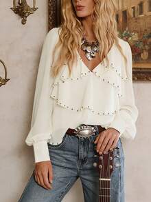 elfnokto Blusa de mujer vintage de unicolor con cuello en V, diseño de empalme multicapa con remaches incrustados, blanco primavera - Blanco - Ver 5