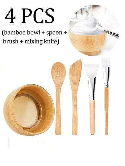 A 4-Piece Bamboo Facial Mask Mixing Bowl And Spa Tool Set, Including A Mixing Spoon, Wooden Stick, And Soft Mask Brush, Is Available For Spa Treatments And Beauty Salons. The Natural Wooden Mixing Bowl Is Convenient And For Mud/Clay/Gel Masks And Includes A Mixing Spatula. The Curved Design Fits Snugly On The Bowl Surface, Ensuring Even Mixing And Effective Skin Massage.